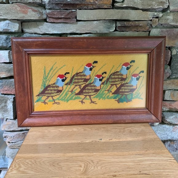 VTG Quail Needlepoint 70s Framed Columbia Minerva Framed Birds Boho Embroidery - Picture 11 of 12